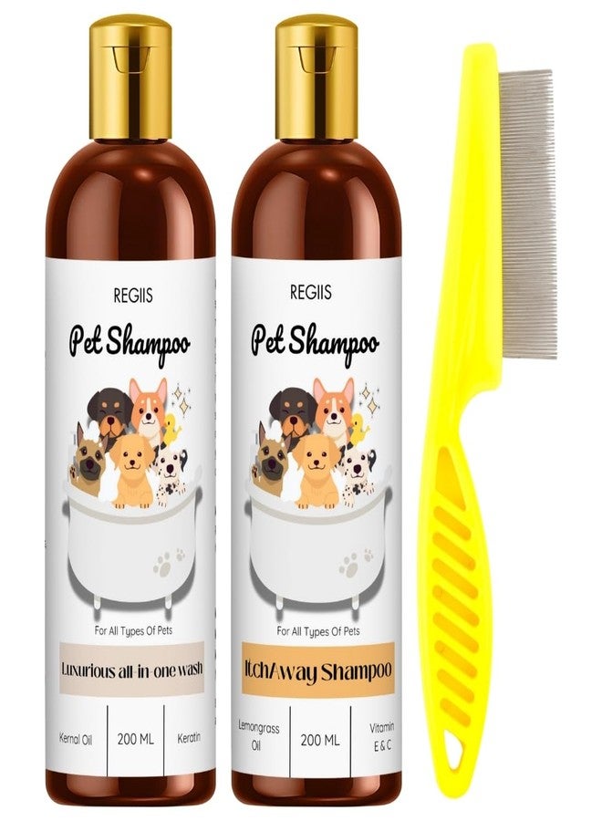 مجموعة شامبو الحيوانات الأليفة من ريجيس، تركيبة متكاملة للغسيل والتخلص من الحكة، 200 مل، عبوتان مع مشط للبراغيث، للكلاب وجميع أنواع الحيوانات الأليفة (عبوة من 3 قطع) - Image 1